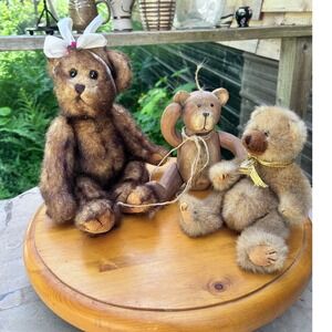 Vintage Mohair Wood Teddy Bear Lot Small Brown Tan Jointed Folk Art Artist Bear
